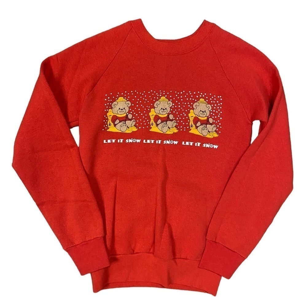 VTG Screen Stars Ugly Christmas Sweater Red Let It Snow Bear Sweatshirt Size S